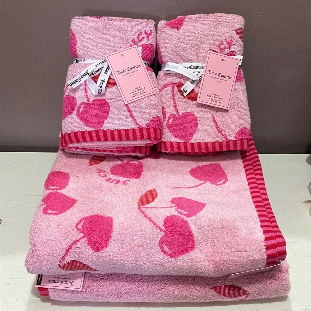 Juicy Couture Double Sided Pink Heart Cherry Bath and Hand Towels Bath Set 6 Pcs